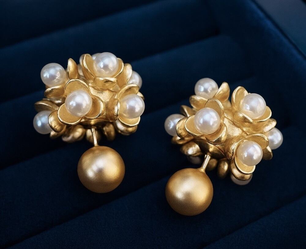 Anthropologie Flower Pearl Earrings French VTG Bouquet Gold Boho Ball Palace